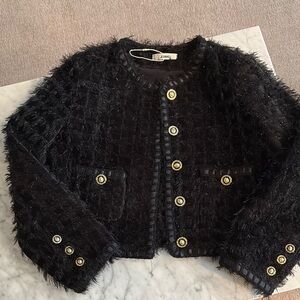 Chic Black Textured Lady Jacket with Gold Buttons